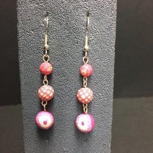 Triple Dangle Pierced Earrings Pink Flower Spotted Round Silver Hook Retro Bo